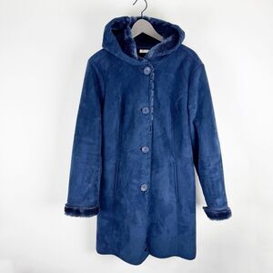 Denim & Co Women’s Coat Womens Large Faux Suede Dark Blue Whipstich Hooded